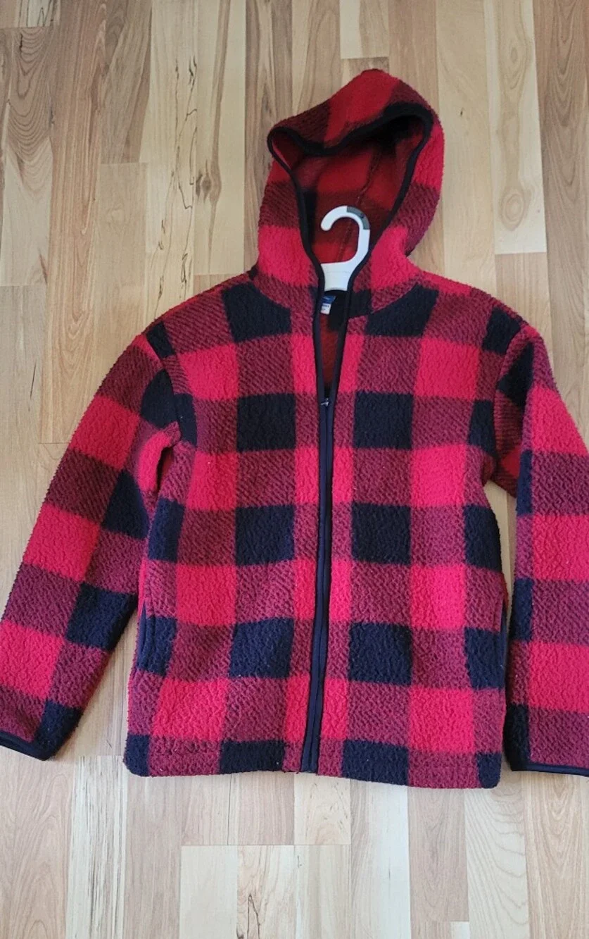 Old Navy Red and Black Buffalo Plaid Hooded Fleece Jacket